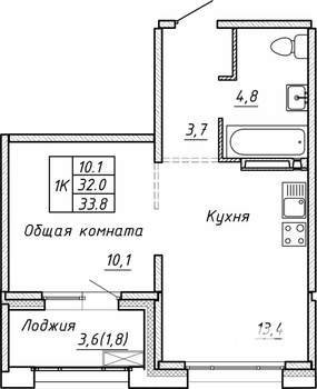 1-к квартира, строящийся дом, 34м2, 15/15 этаж