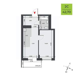 2-к квартира, строящийся дом, 43м2, 18/21 этаж