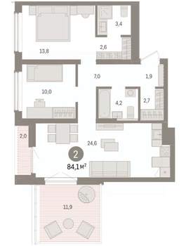 2-к квартира, вторичка, 84м2, 10/15 этаж