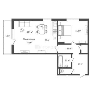 1-к квартира, вторичка, 55м2, 10/18 этаж