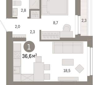 1-к квартира, вторичка, 37м2, 2/12 этаж