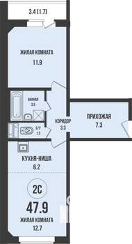 1-к квартира, строящийся дом, 48м2, 12/13 этаж