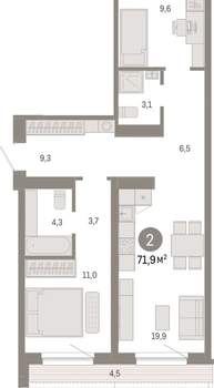 2-к квартира, вторичка, 72м2, 6/15 этаж