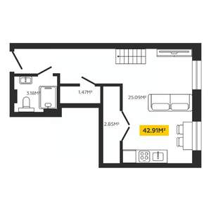 1-к квартира, вторичка, 43м2, 2/4 этаж