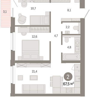 2-к квартира, вторичка, 67м2, 6/24 этаж