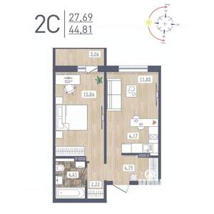 2-к квартира, строящийся дом, 45м2, 13/17 этаж