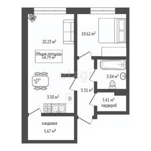 1-к квартира, вторичка, 55м2, 1/22 этаж