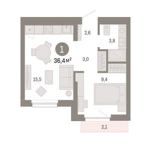 1-к квартира, вторичка, 36м2, 6/12 этаж