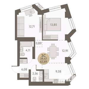 3-к квартира, вторичка, 63м2, 28/31 этаж