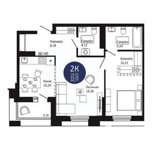2-к квартира, вторичка, 65м2, 18/18 этаж