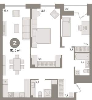 2-к квартира, вторичка, 91м2, 10/18 этаж