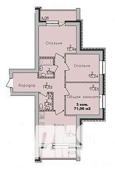 3-к квартира, строящийся дом, 71м2, 8/9 этаж