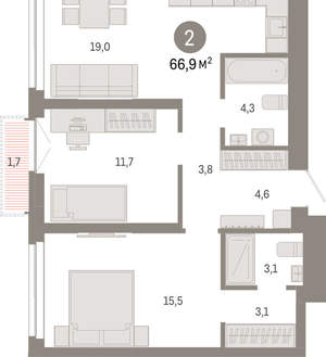 2-к квартира, вторичка, 67м2, 15/23 этаж