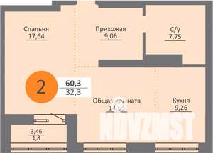 2-к квартира, строящийся дом, 57м2, 24/25 этаж