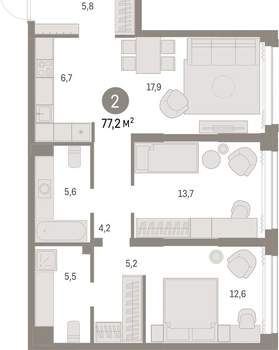 2-к квартира, вторичка, 77м2, 3/30 этаж