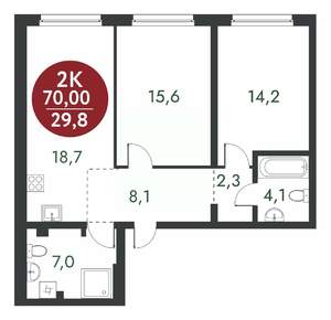 2-к квартира, вторичка, 70м2, 1/14 этаж