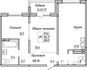 2-к квартира, строящийся дом, 58м2, 17/17 этаж