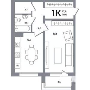 1-к квартира, вторичка, 48м2, 5/12 этаж