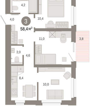 3-к квартира, вторичка, 58м2, 6/24 этаж