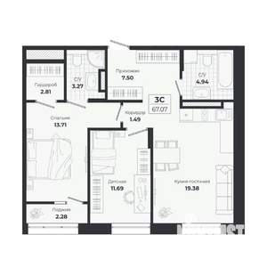3-к квартира, строящийся дом, 65м2, 6/9 этаж