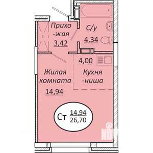Студия квартира, строящийся дом, 27м2, 1/25 этаж