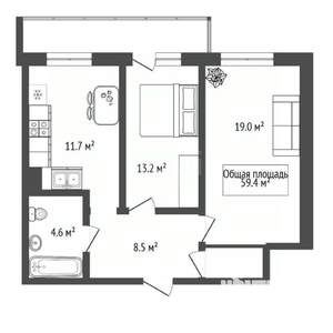 2-к квартира, вторичка, 59м2, 12/19 этаж
