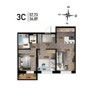 3-к квартира, строящийся дом, 58м2, 8/17 этаж
