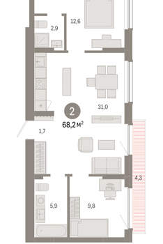 2-к квартира, вторичка, 68м2, 9/12 этаж