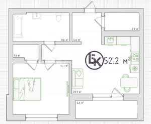 1-к квартира, вторичка, 52м2, 3/9 этаж