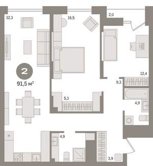 2-к квартира, вторичка, 91м2, 7/18 этаж