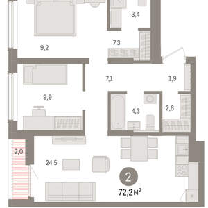 2-к квартира, вторичка, 72м2, 6/15 этаж