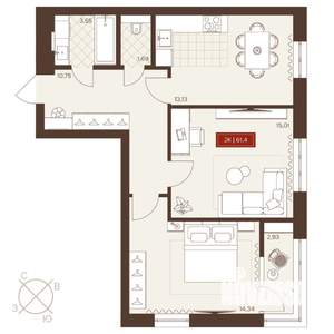 2-к квартира, вторичка, 61м2, 19/24 этаж