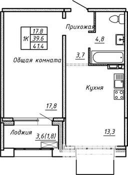 1-к квартира, вторичка, 41м2, 1/15 этаж