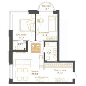 3-к квартира, строящийся дом, 68м2, 17/24 этаж