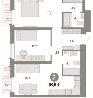 2-к квартира, вторичка, 69м2, 5/23 этаж