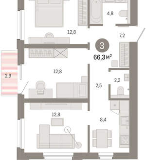 3-к квартира, вторичка, 66м2, 4/24 этаж