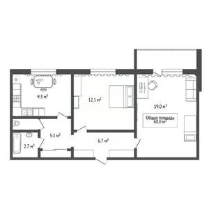 2-к квартира, вторичка, 60м2, 2/10 этаж