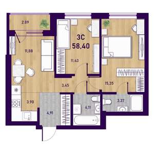 3-к квартира, вторичка, 58м2, 22/23 этаж