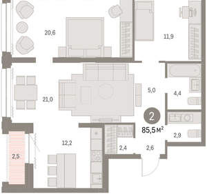 2-к квартира, вторичка, 85м2, 24/30 этаж