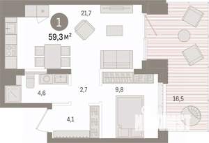 1-к квартира, вторичка, 59м2, 1/9 этаж