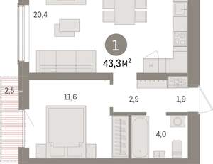 1-к квартира, вторичка, 43м2, 10/15 этаж