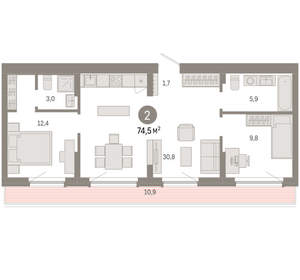 2-к квартира, вторичка, 75м2, 8/12 этаж