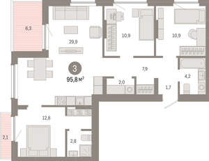 3-к квартира, вторичка, 96м2, 9/12 этаж
