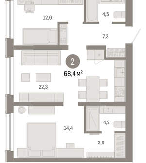 2-к квартира, вторичка, 68м2, 1/15 этаж
