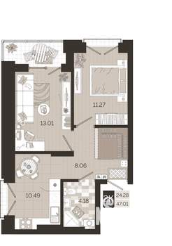 2-к квартира, строящийся дом, 47м2, 15/25 этаж