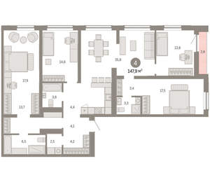 4-к квартира, вторичка, 148м2, 7/15 этаж