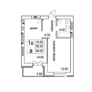 1-к квартира, строящийся дом, 39м2, 7/8 этаж