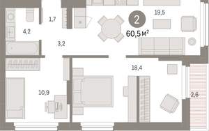 2-к квартира, вторичка, 61м2, 2/12 этаж