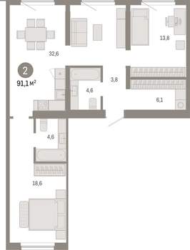 2-к квартира, вторичка, 91м2, 9/15 этаж