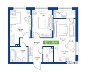 3-к квартира, вторичка, 59м2, 16/22 этаж
